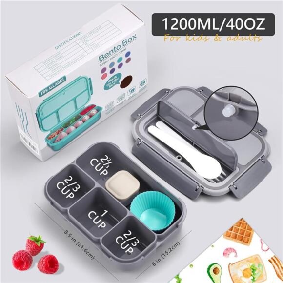Adult & Kids Bento Lunch Box -4-Compartment Meal Container‎ with Utensils, Gray - Picture 3 of 8